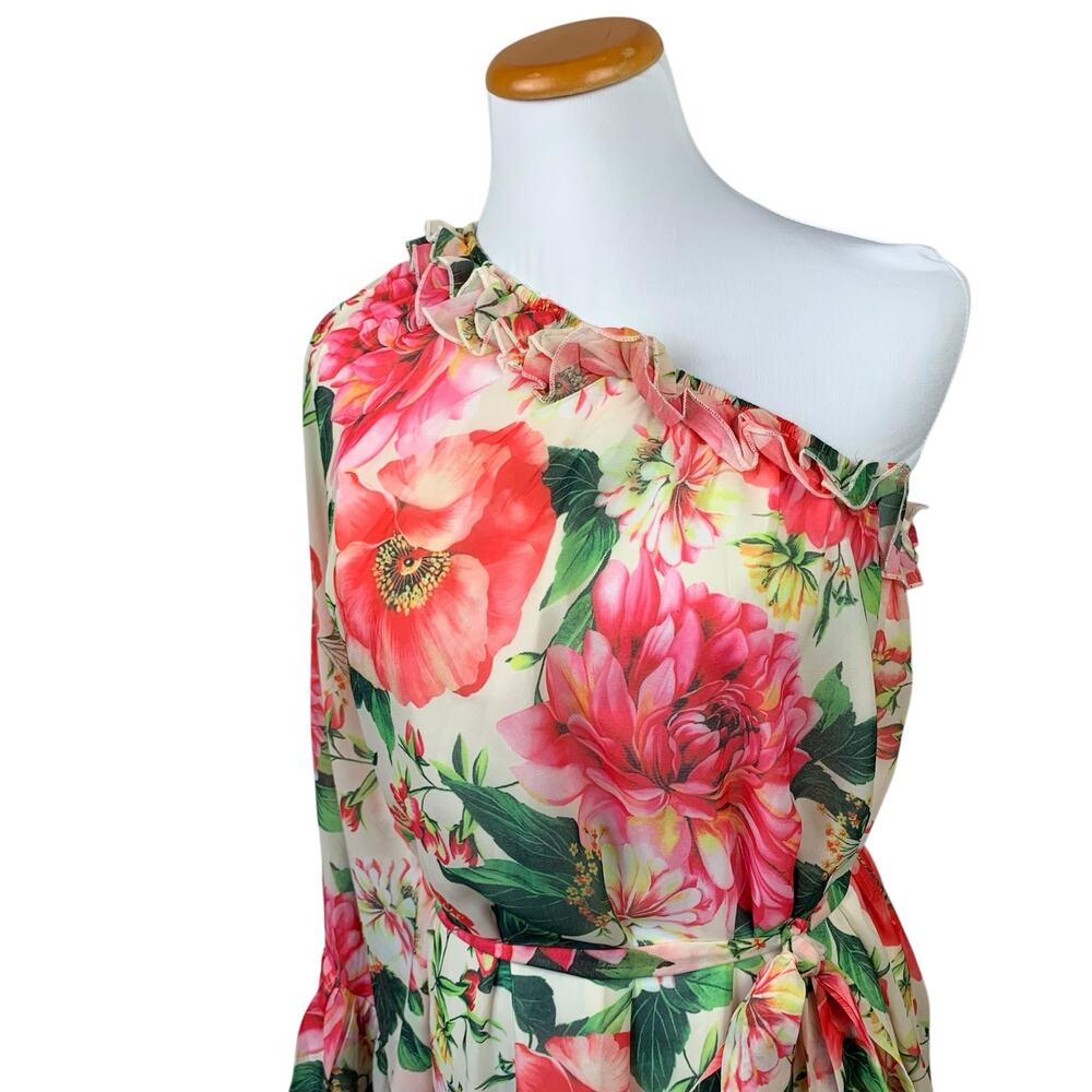 Dalia MacPhee Dress One Shoulder Ruffle Floral Maxi Pink Multi Belted Women's S - Picture 2 of 10